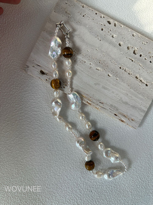 Baroque Pearl & Tiger Eye Bracelet – Organic Irregular Design
