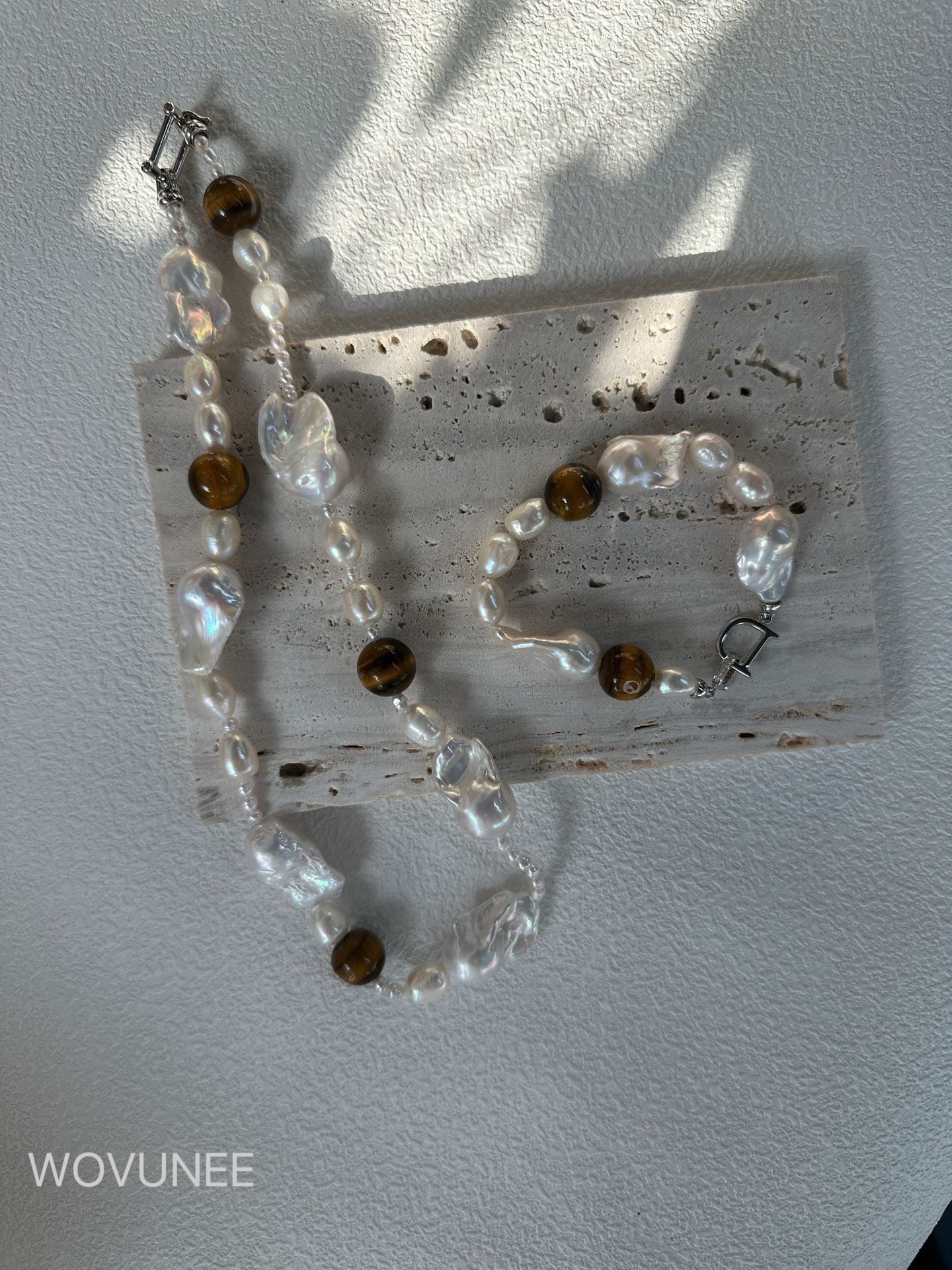 Baroque Pearl & Tiger Eye Bracelet – Organic Irregular Design