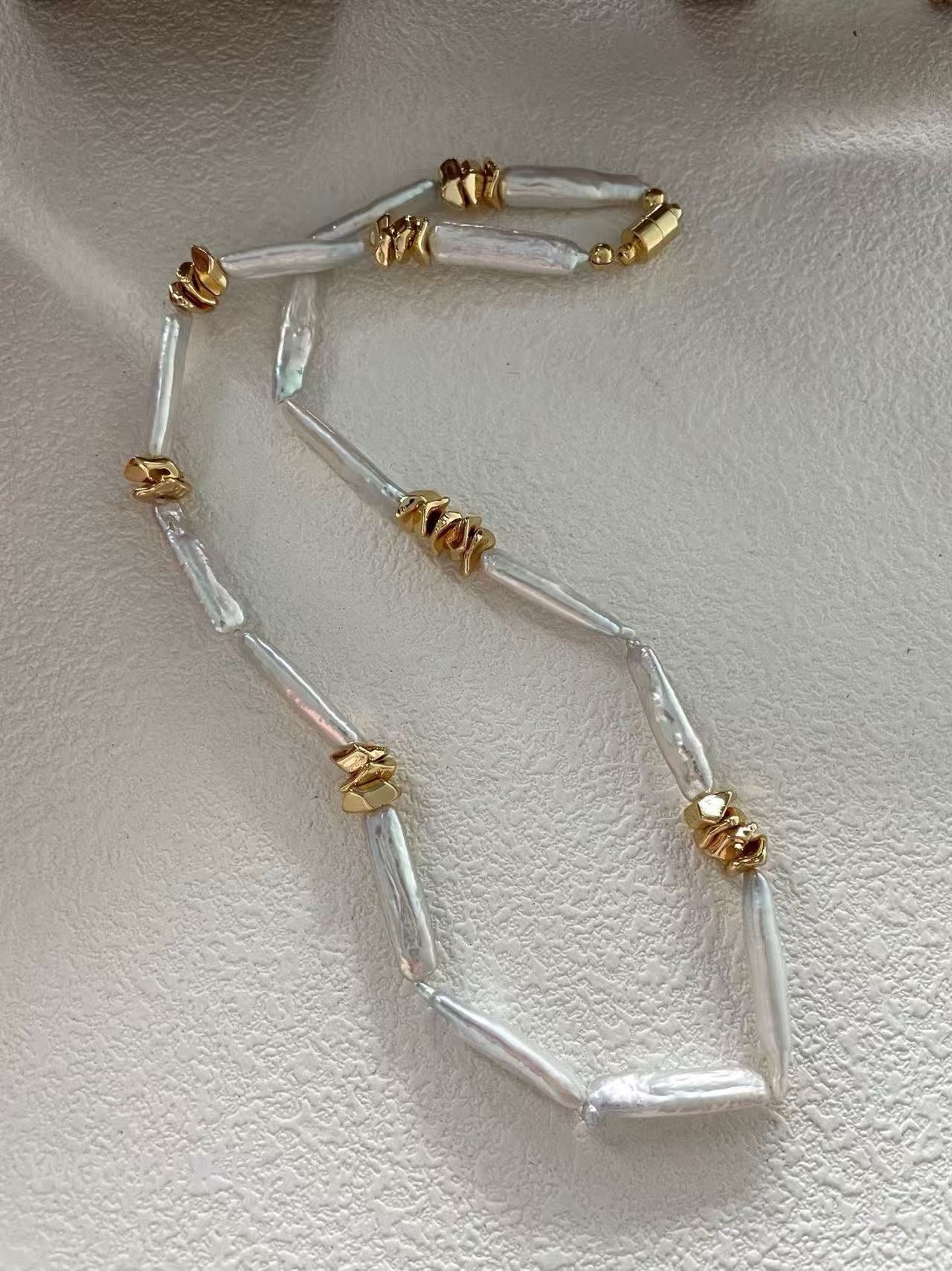 Baroque Stick Pearl Necklace – Modern Gold Accent Design | Statement Jewelry