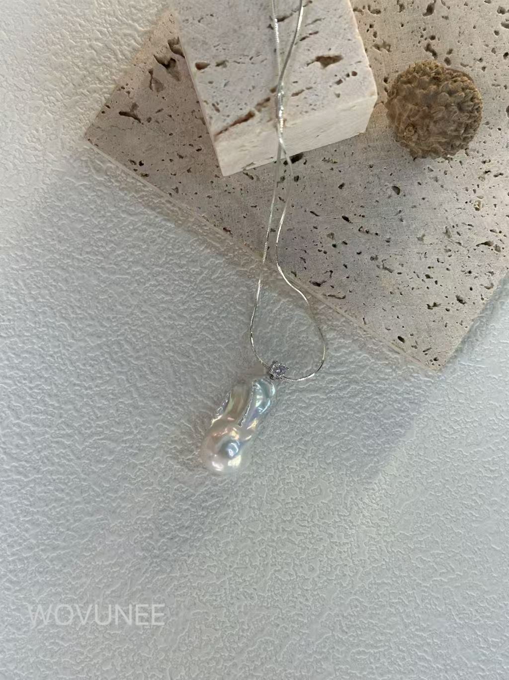 Baroque Pearl Pendant Necklace-Minimalist Sterling Chain